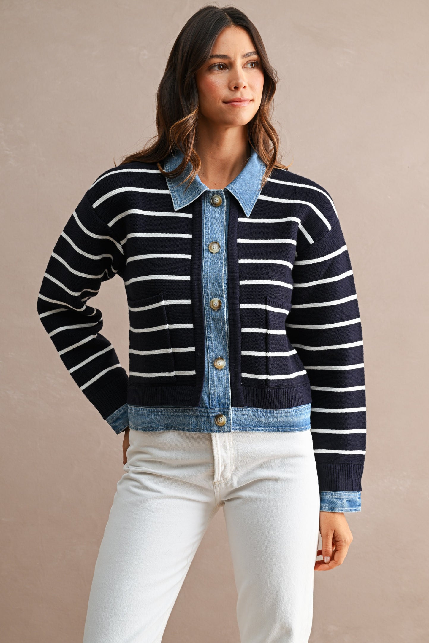 Denim Trim Striped Jacket | NAVY