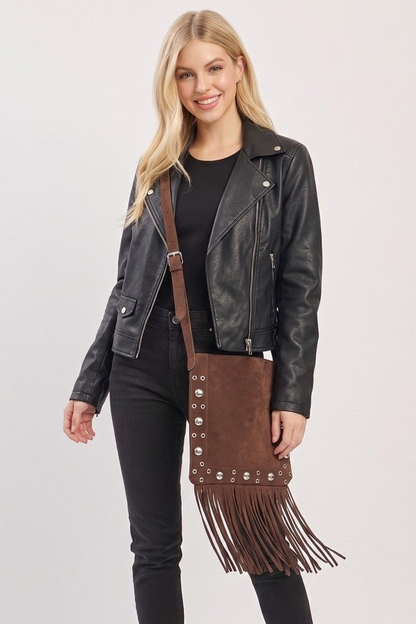 Vintage Brown Faux Suede Fringe Crossbody Bag | ESPRESSO