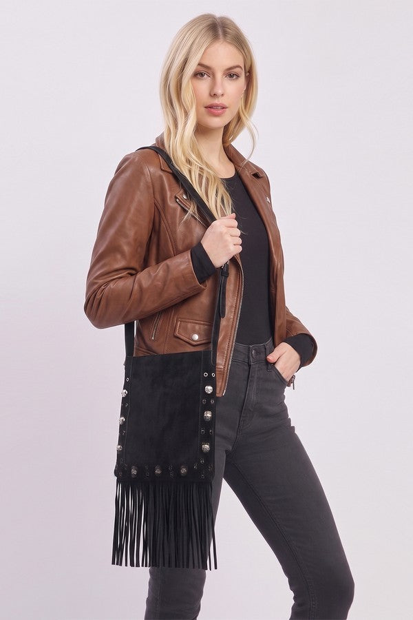 Vintage Brown Faux Suede Fringe Crossbody Bag | BLACK