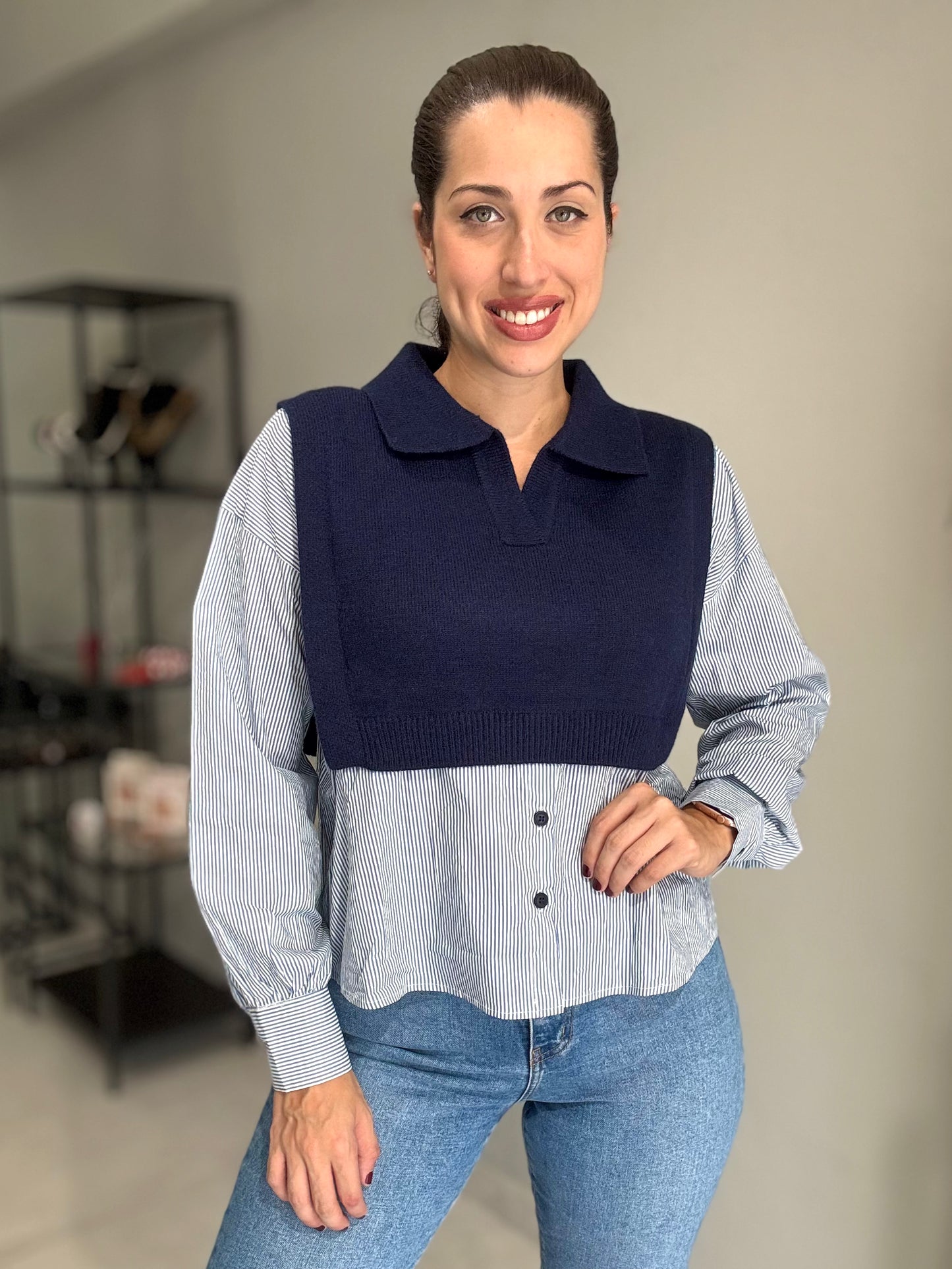 Stripes Knitted Vest Blouse | NAVY