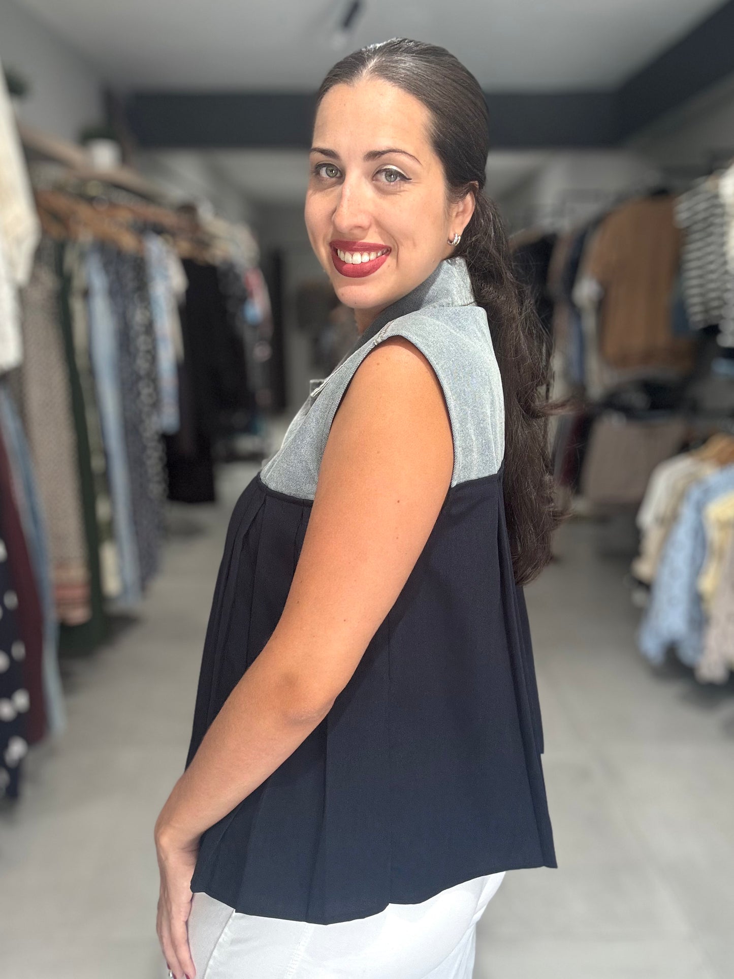 Denim Trim Blouse | NAVY