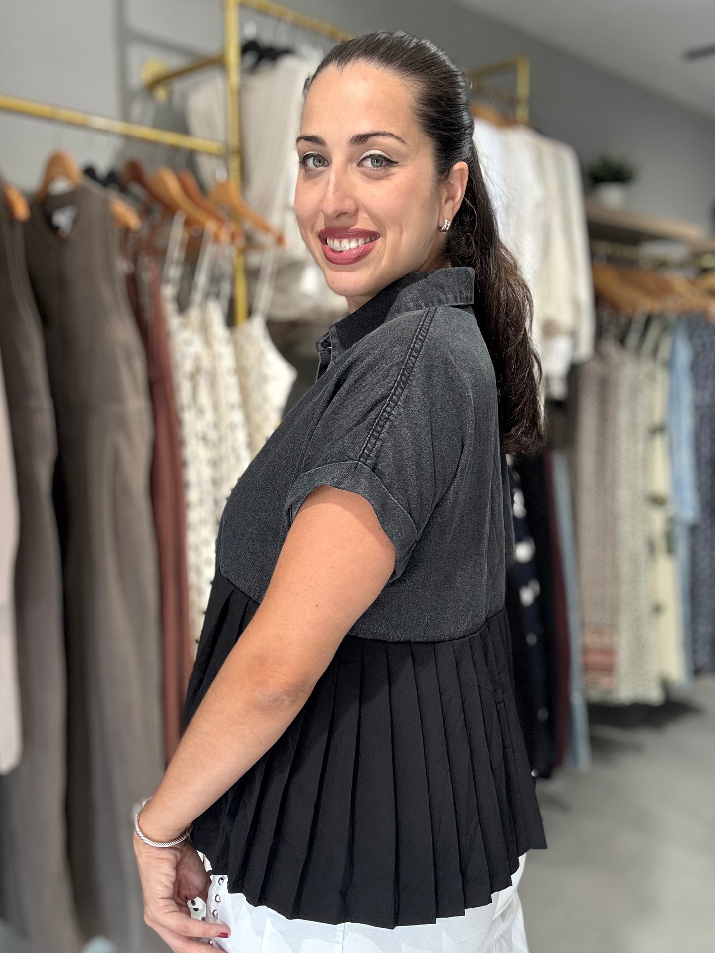 Midnight Pleated Denim Blouse