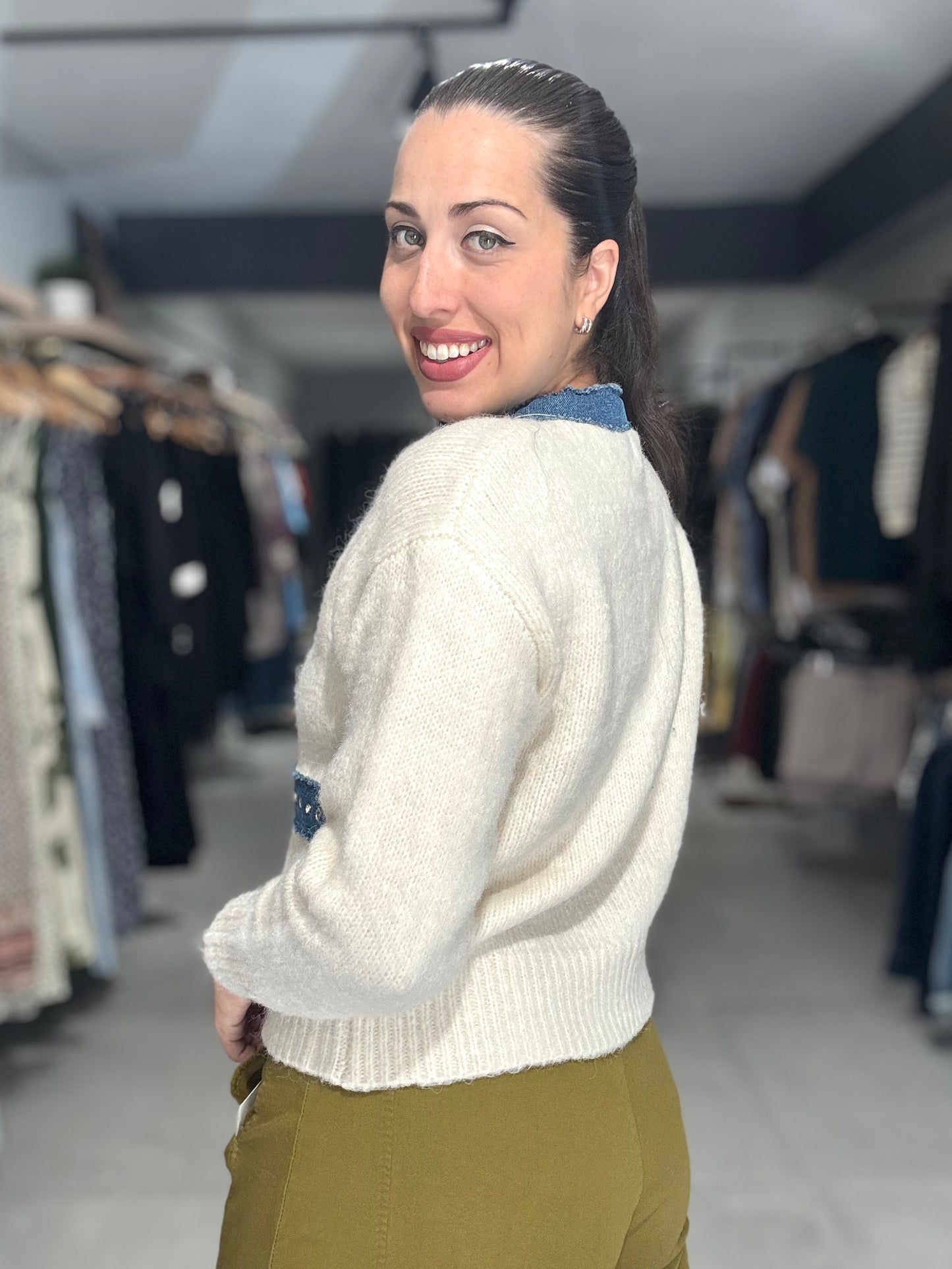 White Denim Trim Cardigan Jacket