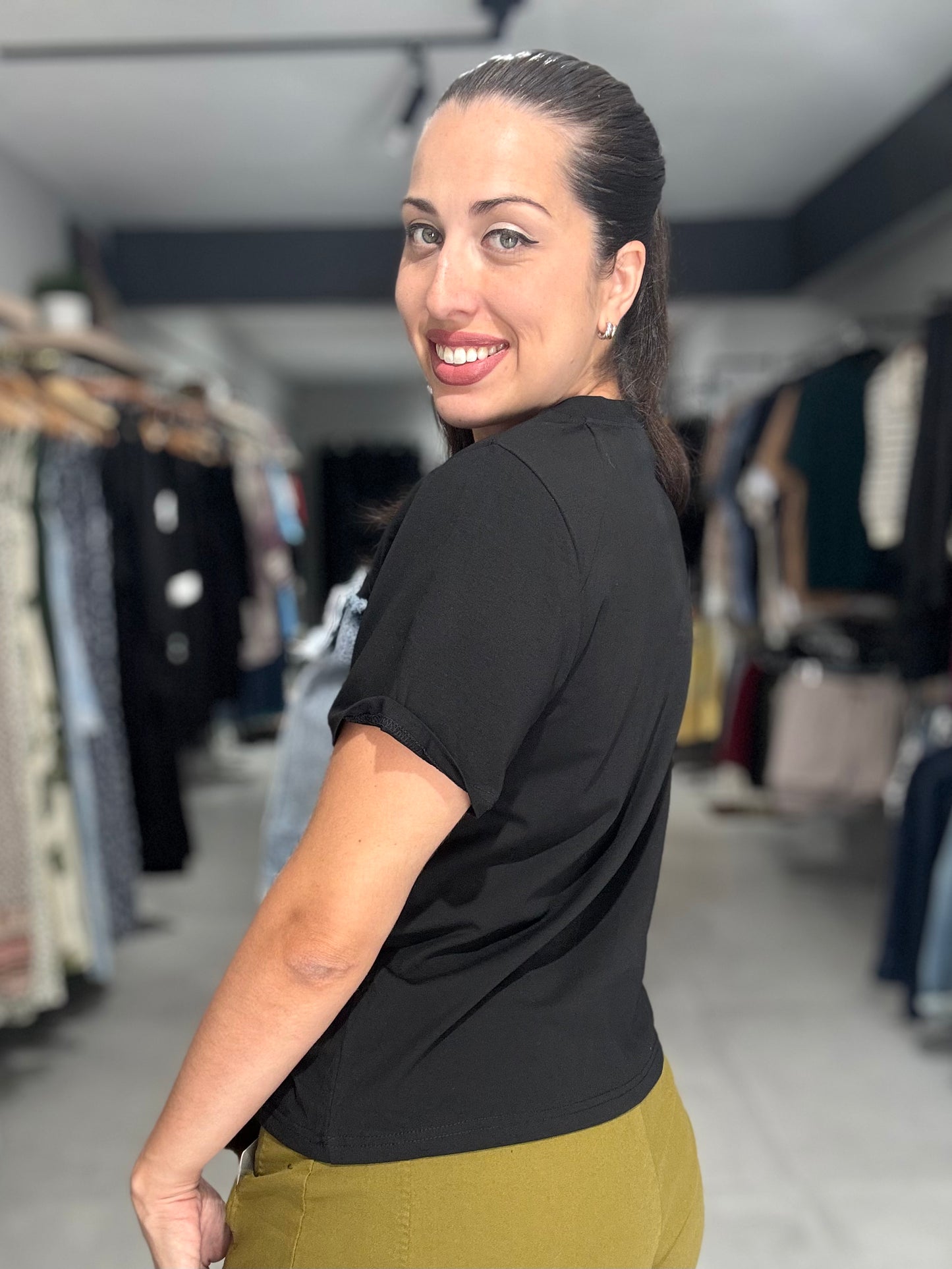 Denim Accent Tee Blouse | BLACK