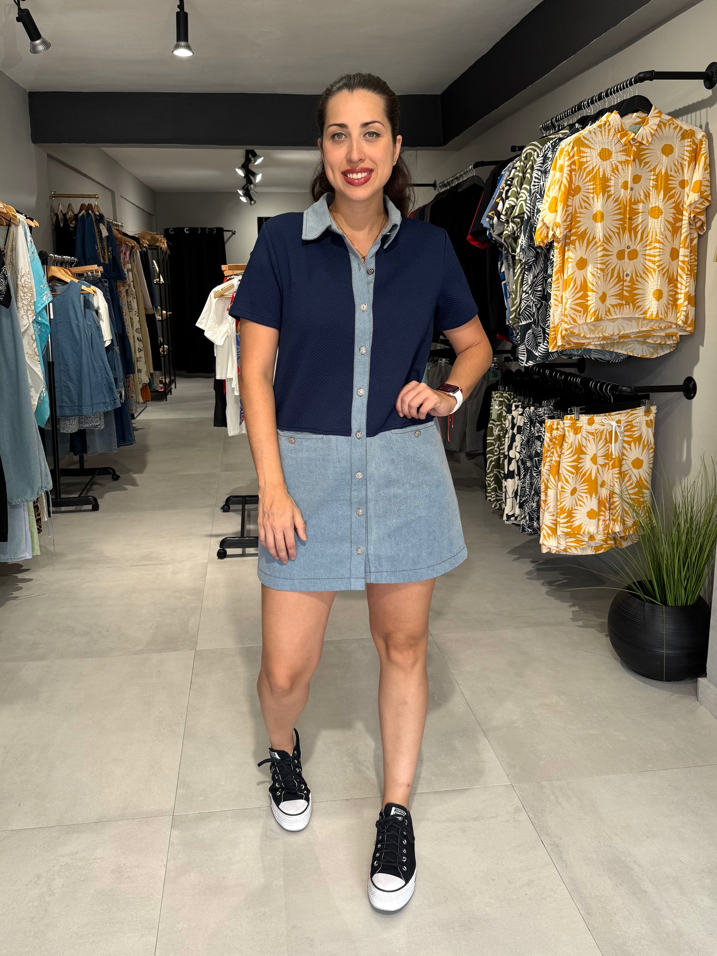 Denim Detail Dress | NAVY