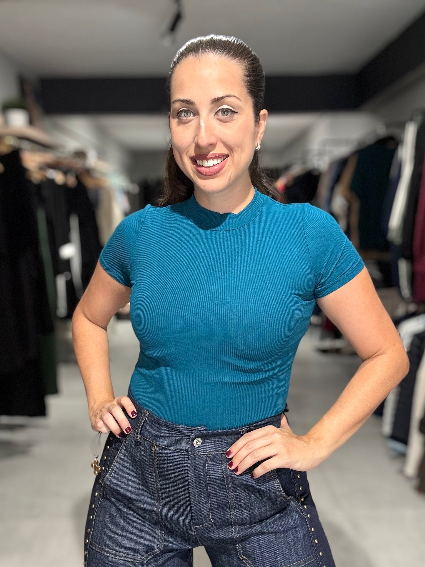 Ribbed Mock Neck Short Sleeve Top | TEAL