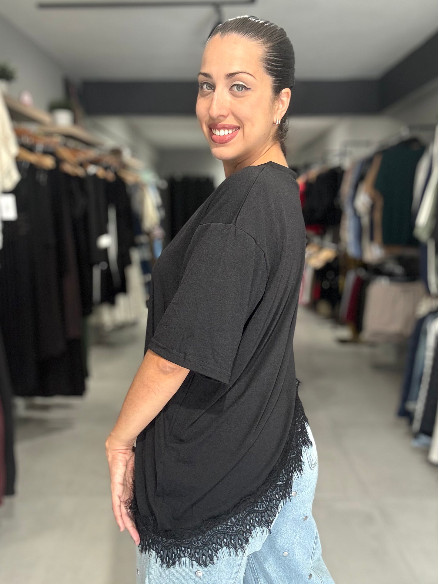 Lace Trim Tee Blouse | BLACK