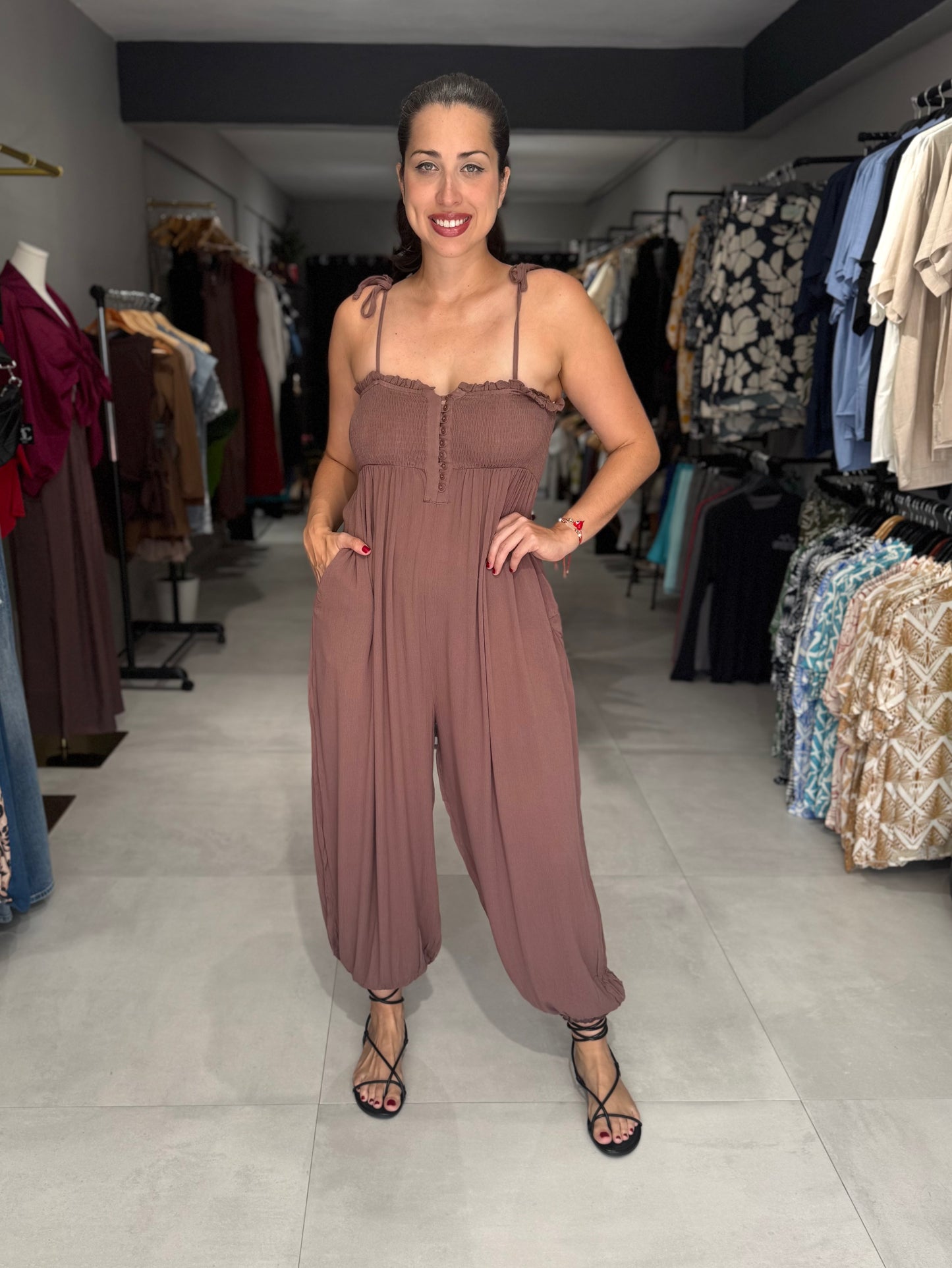 Gauze Smocked Jumpsuit | MOCHA