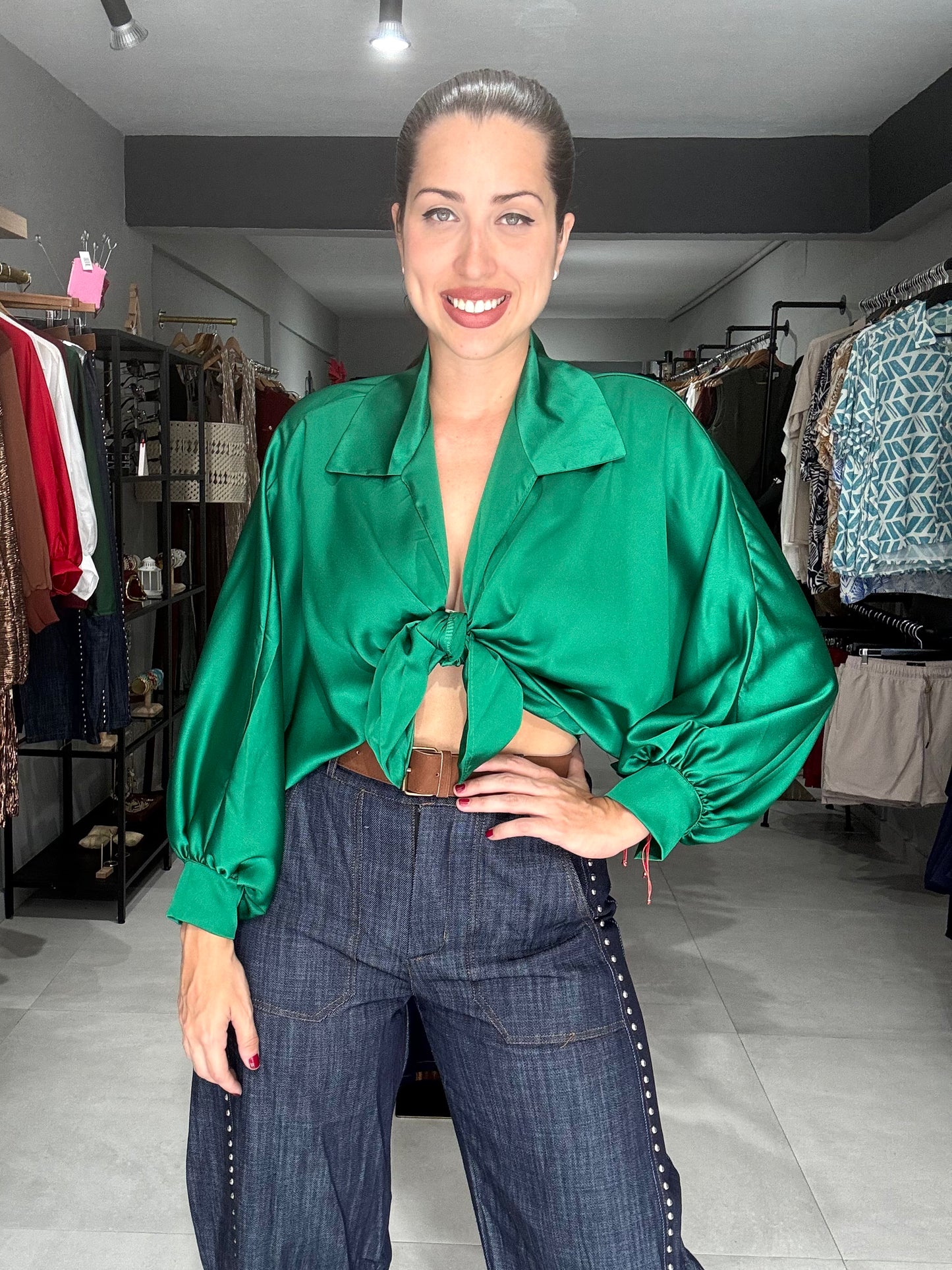 Marbella Satin Blouse | EMERALD