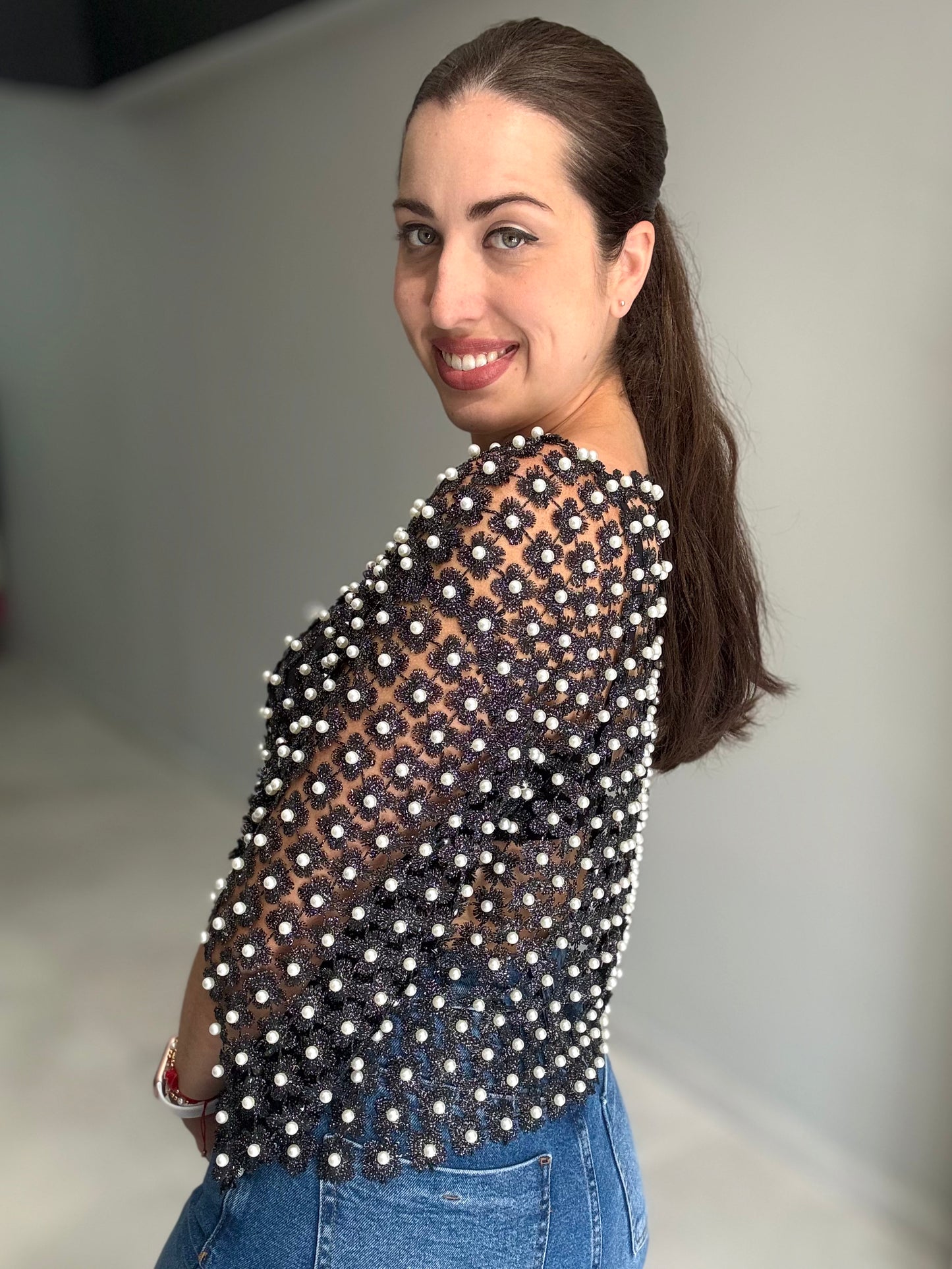 Pearl Detail Blouse | BLACK