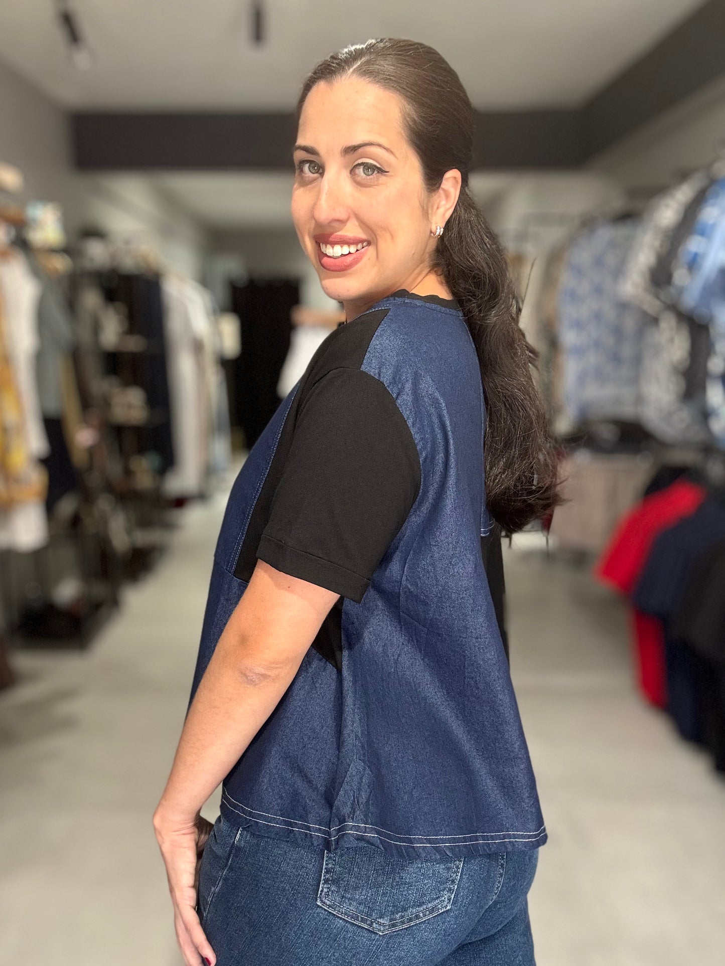 Denim Accent Tee Blouse | BLACK