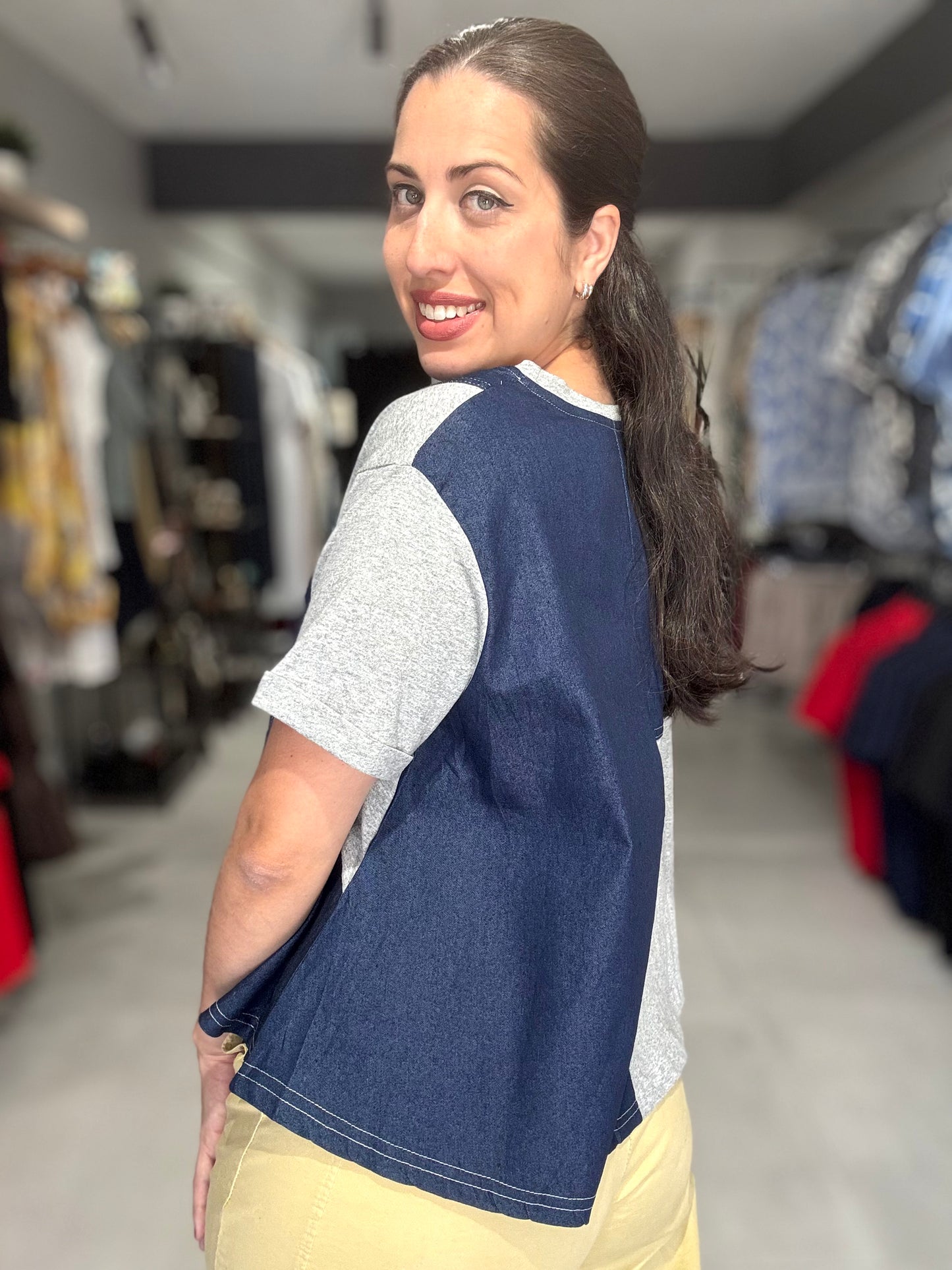 Denim Accent Tee Blouse | GRAY