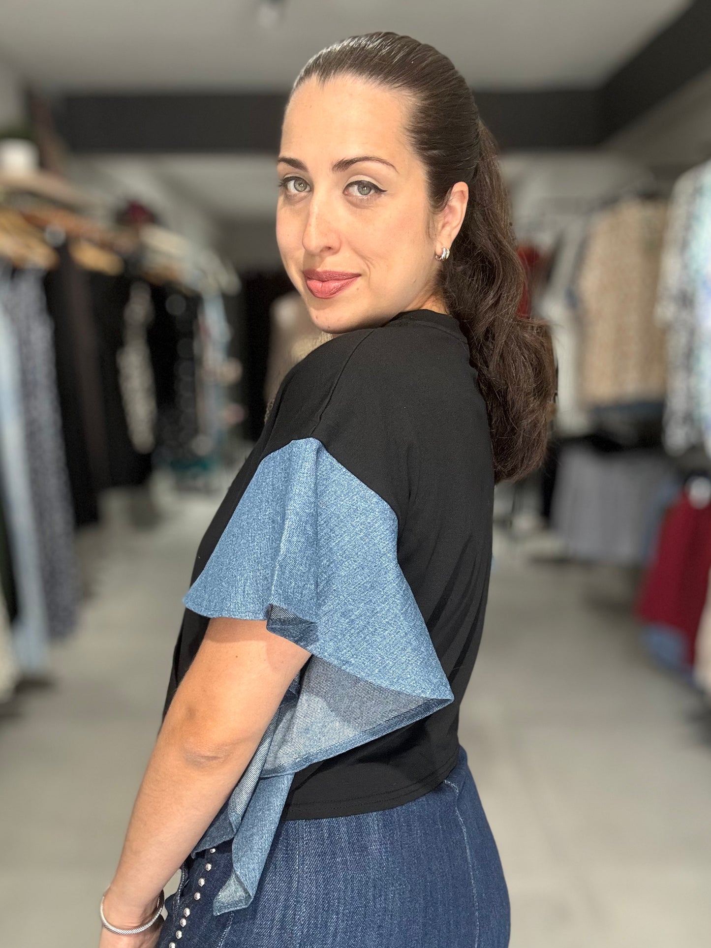 Denim Ruffle Accent Tee | BLACK
