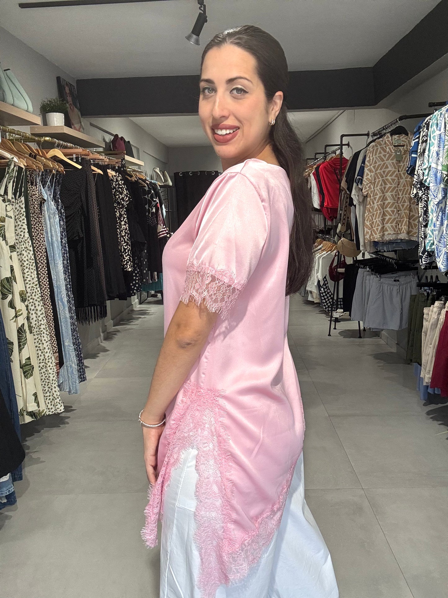 Satin Lace Trim Blouse | PINK