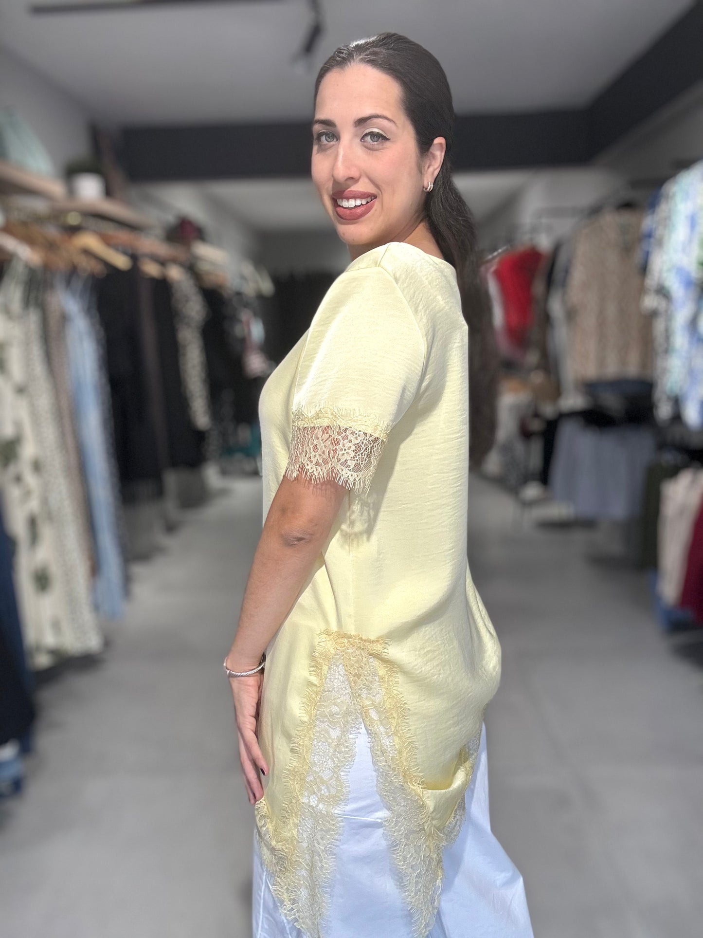 Satin Lace Trim Blouse | YELLOW