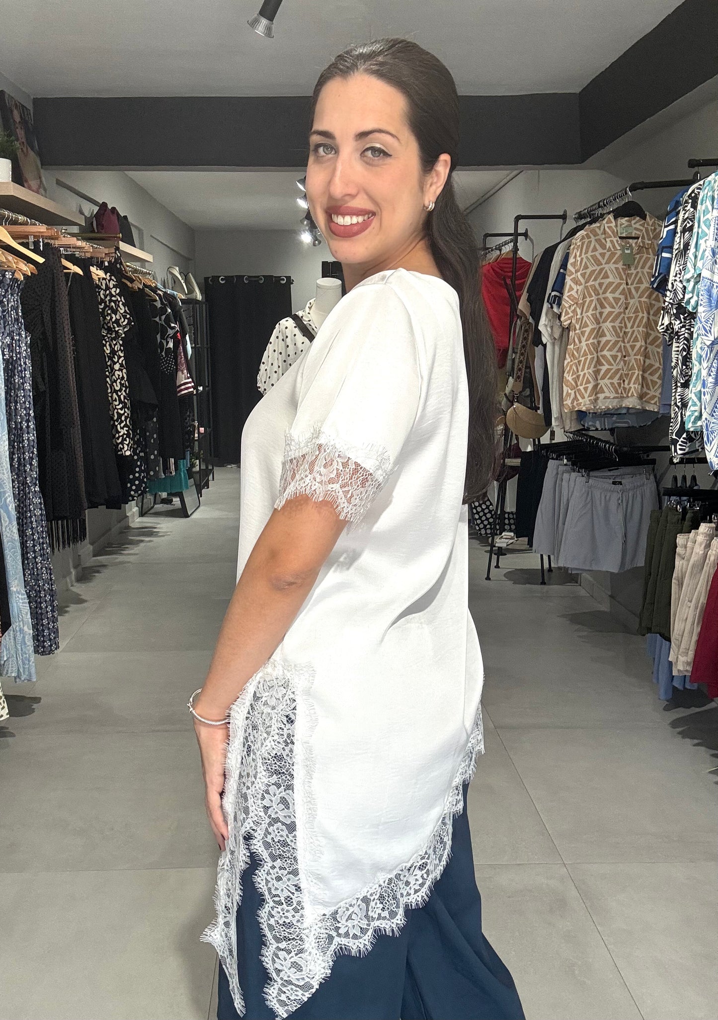 Satin Lace Trim Blouse | WHITE