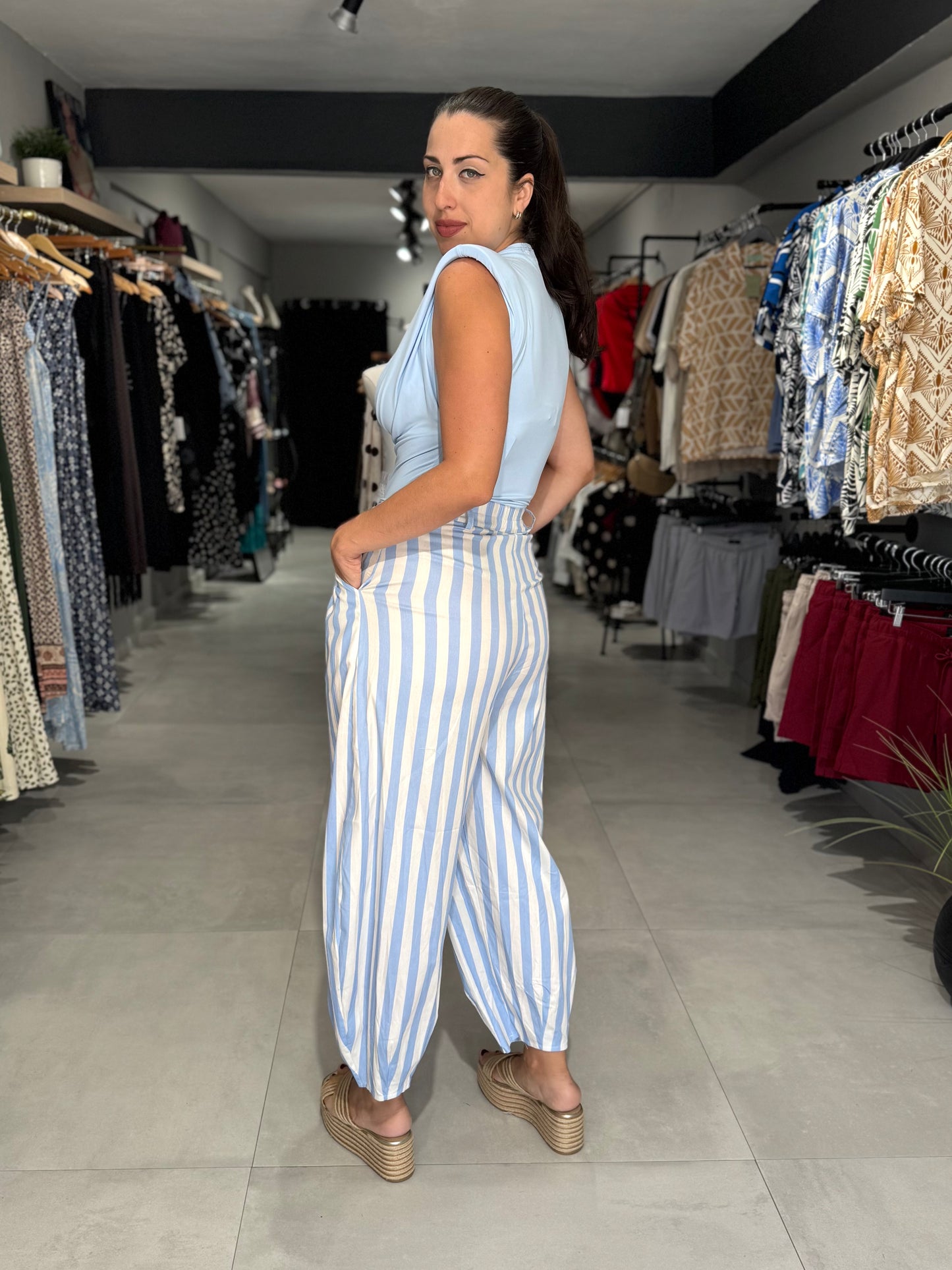 Colorful Stripes Barrel Pant | SKY BLUE