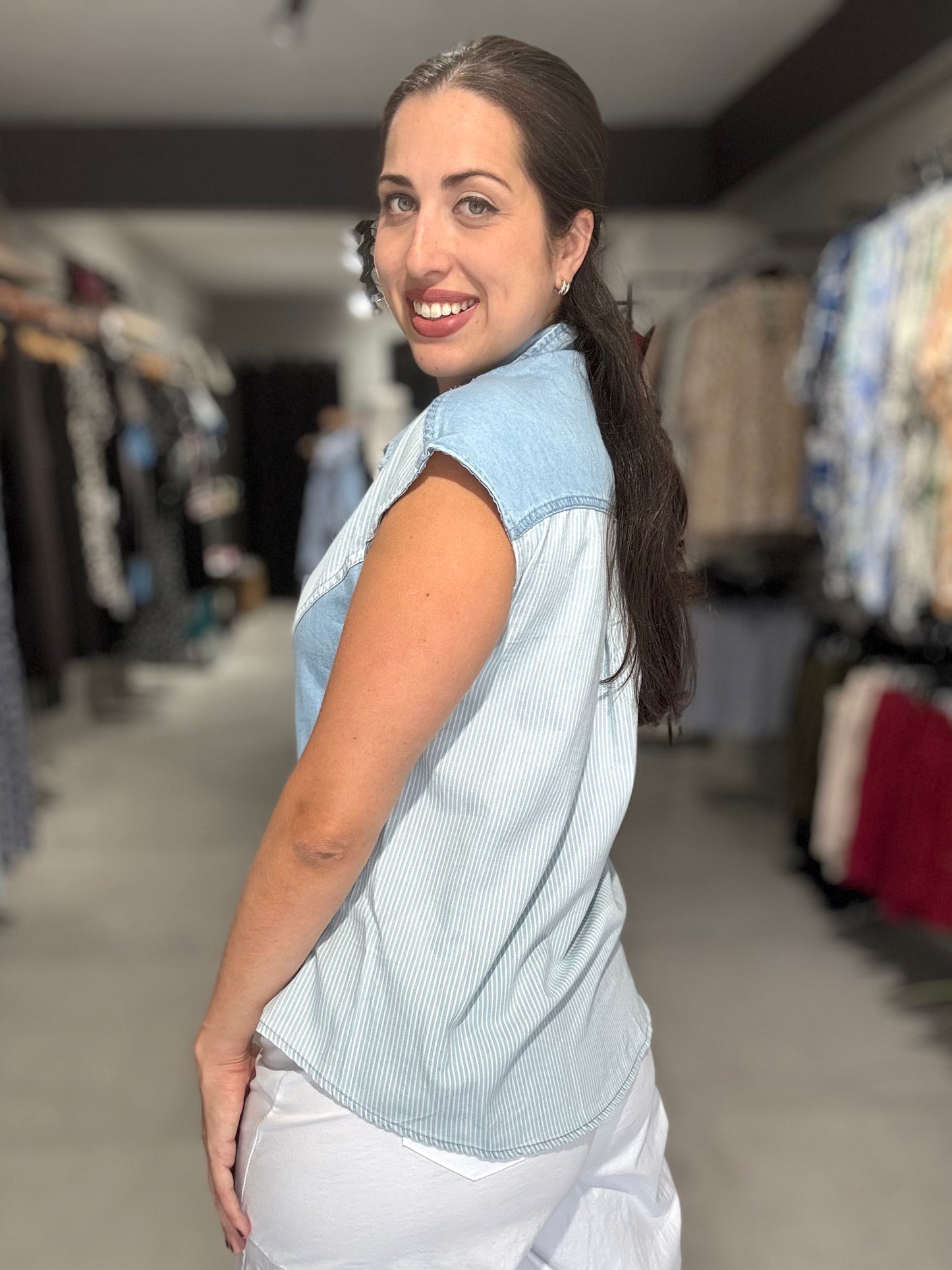 Stripes Denim Vest Top | LIGHT DENIM