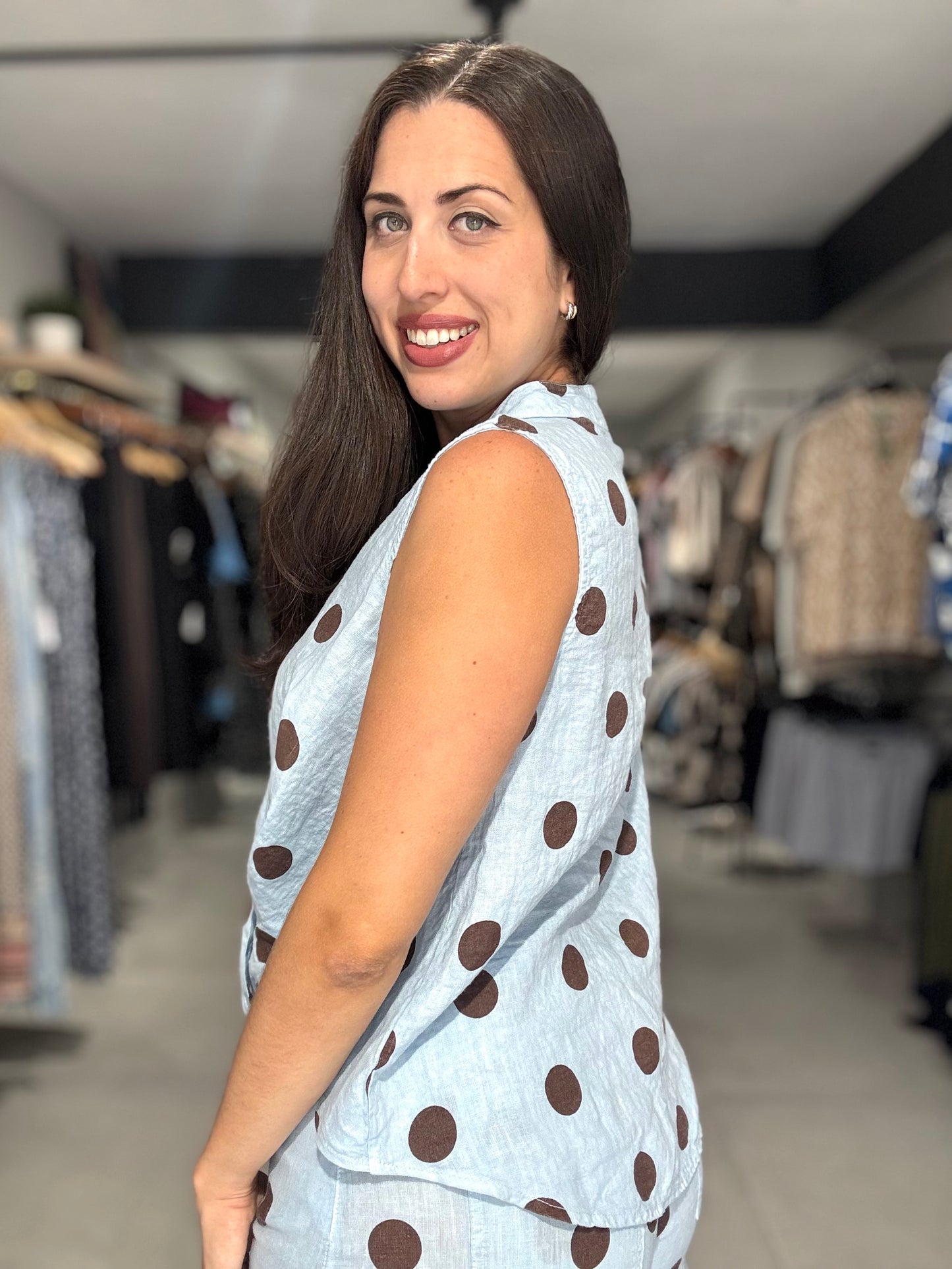 Polka Dot Linen Blouse | SKY BLUE
