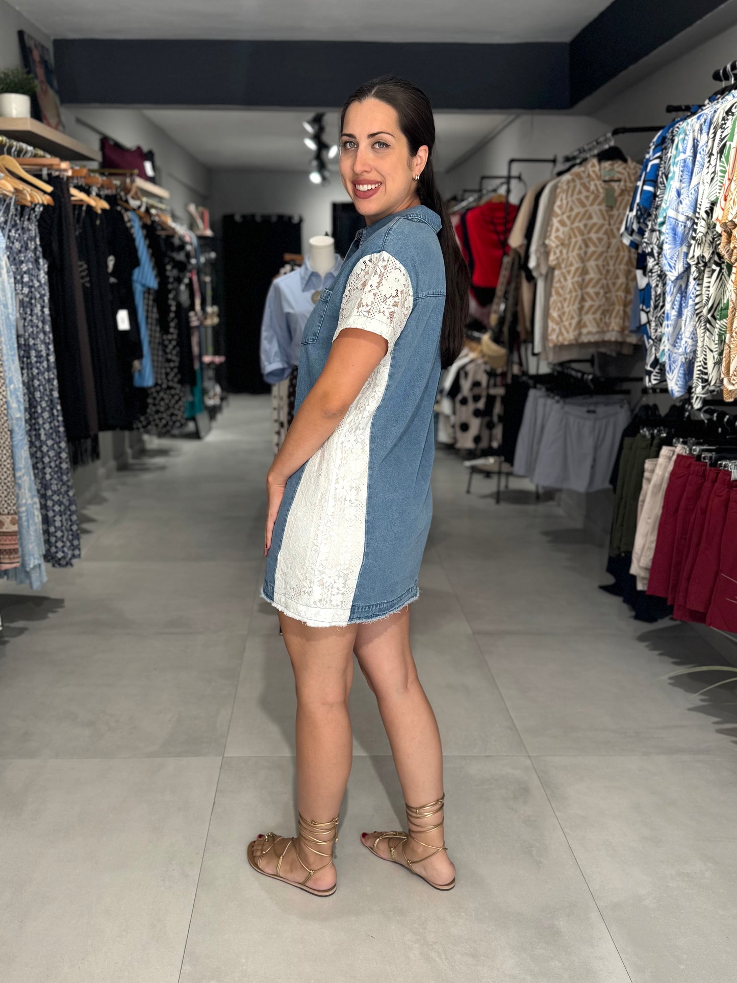 Lace Detail Denim Dress