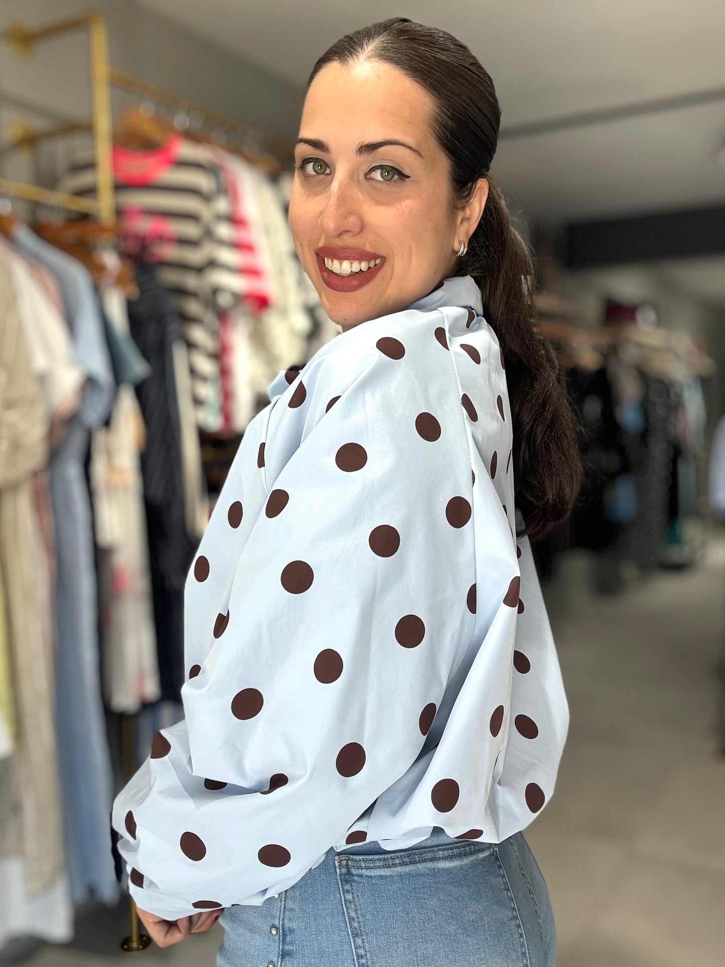Polka Dot Bomber Jacket | SKY BLUE