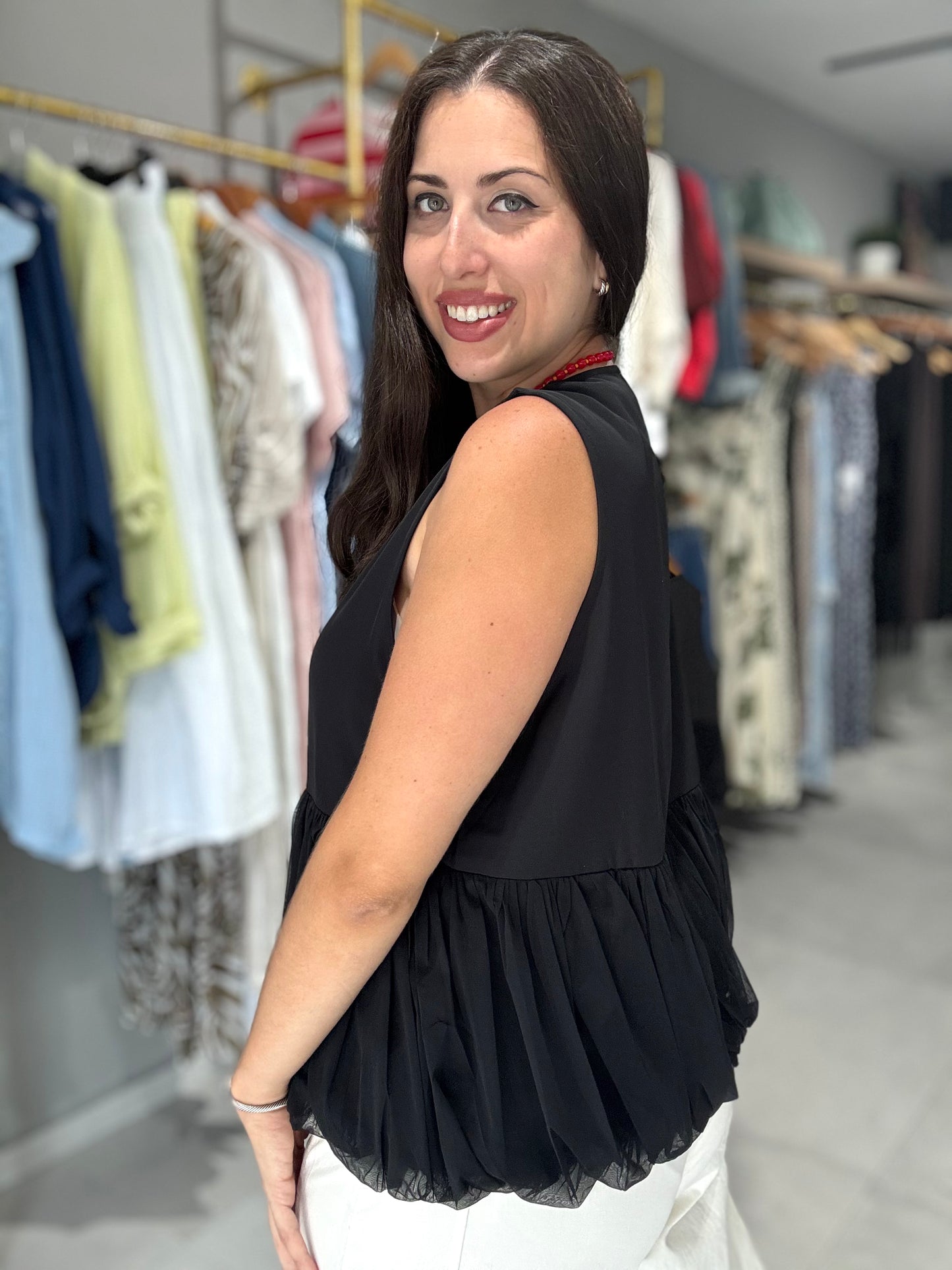 Mesh Detail Vest Blouse | BLACK