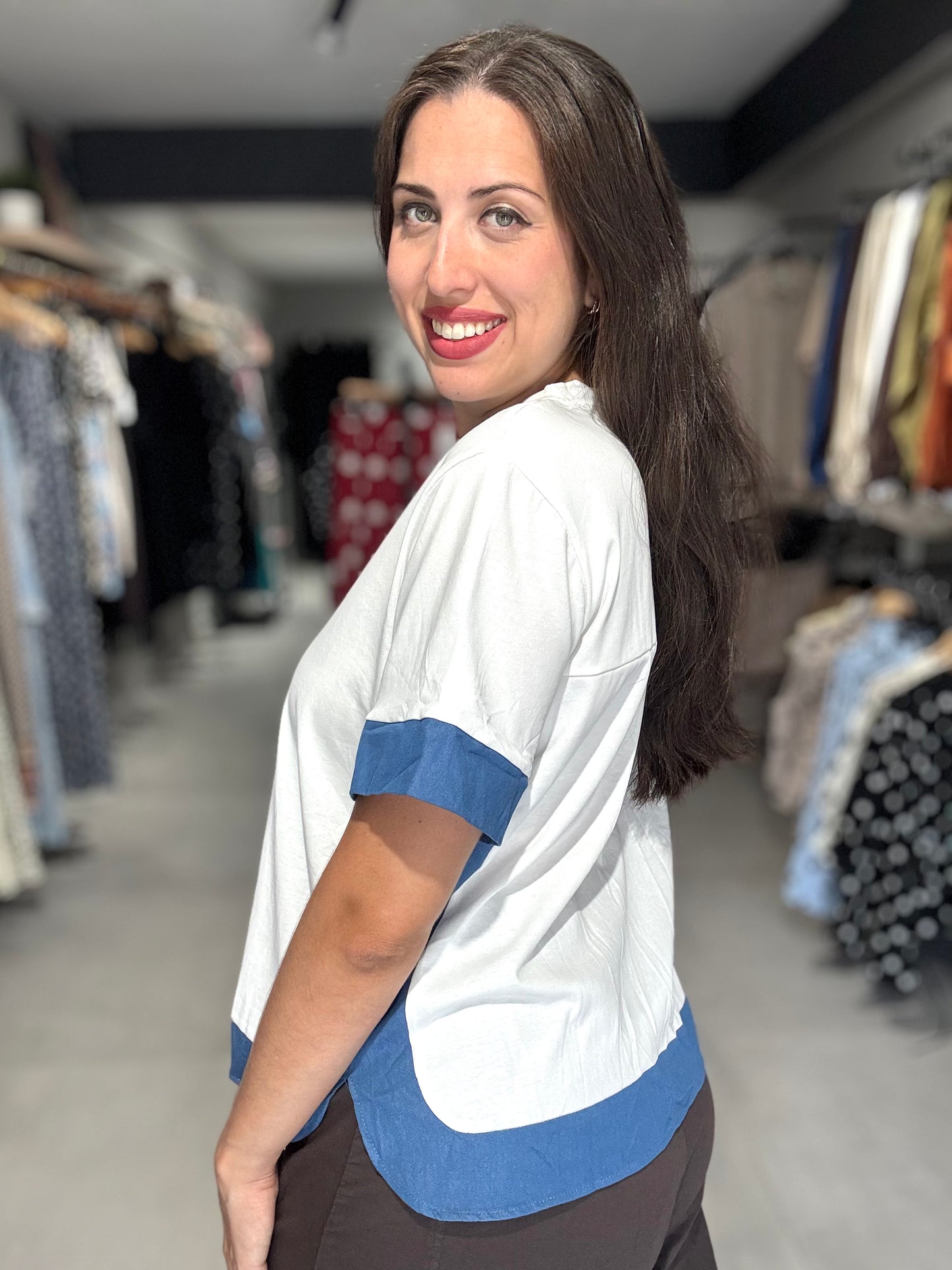 Denim Trim Tee Blouse | WHITE