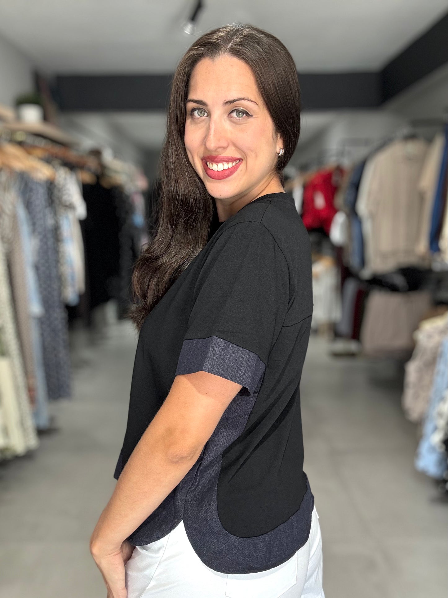 Denim Trim Tee Blouse | BLACK