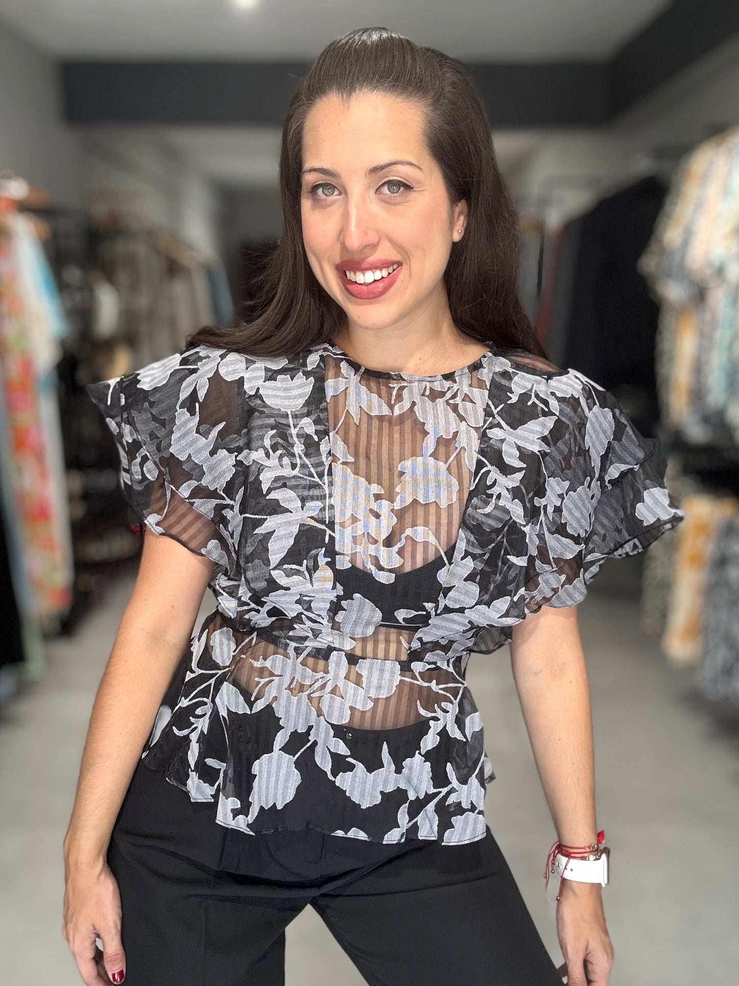 Sheer Floral Ruffle Blouse