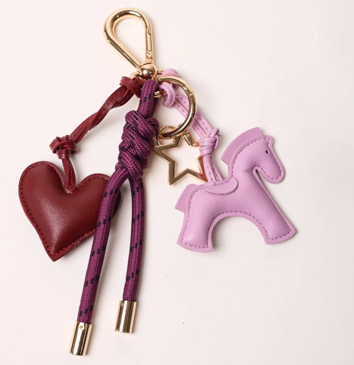 KEY CHAIN EGGPLANT WITH CHARMS - BURGUNDY HEART AND LAVANDER HORSE