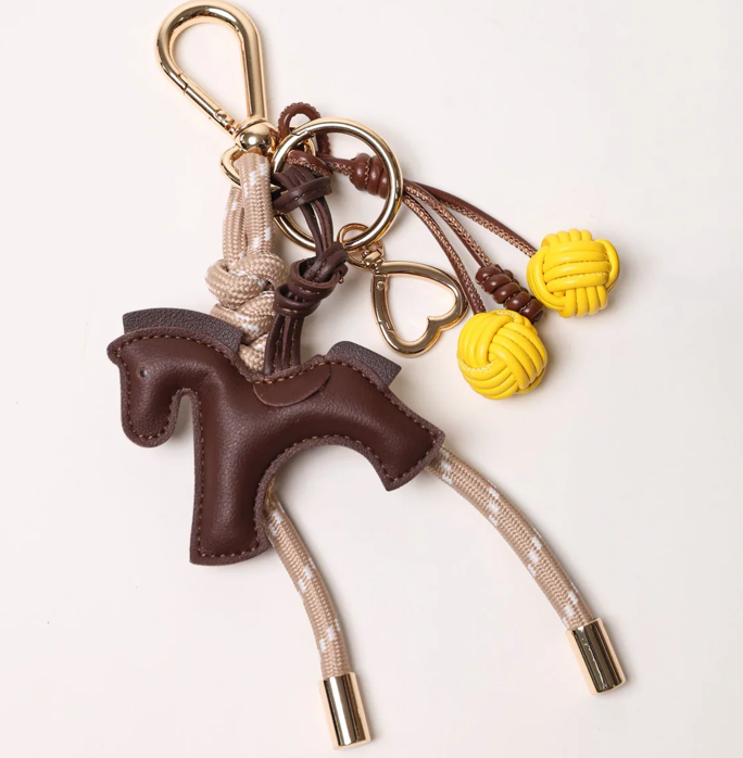 KEY CHAIN TAUPE WITH CHARMS - ESPRESSO HORSE AND YELLOW CHERRIES