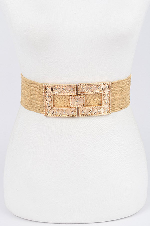 Rhinestone Buckle Stretch Straw Belt | KHAKI