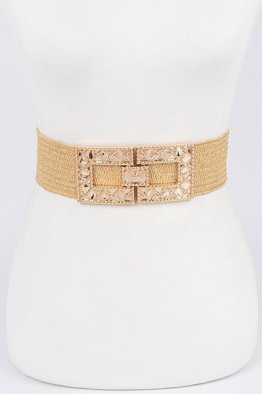 Rhinestone Buckle Stretch Straw Belt | KHAKI