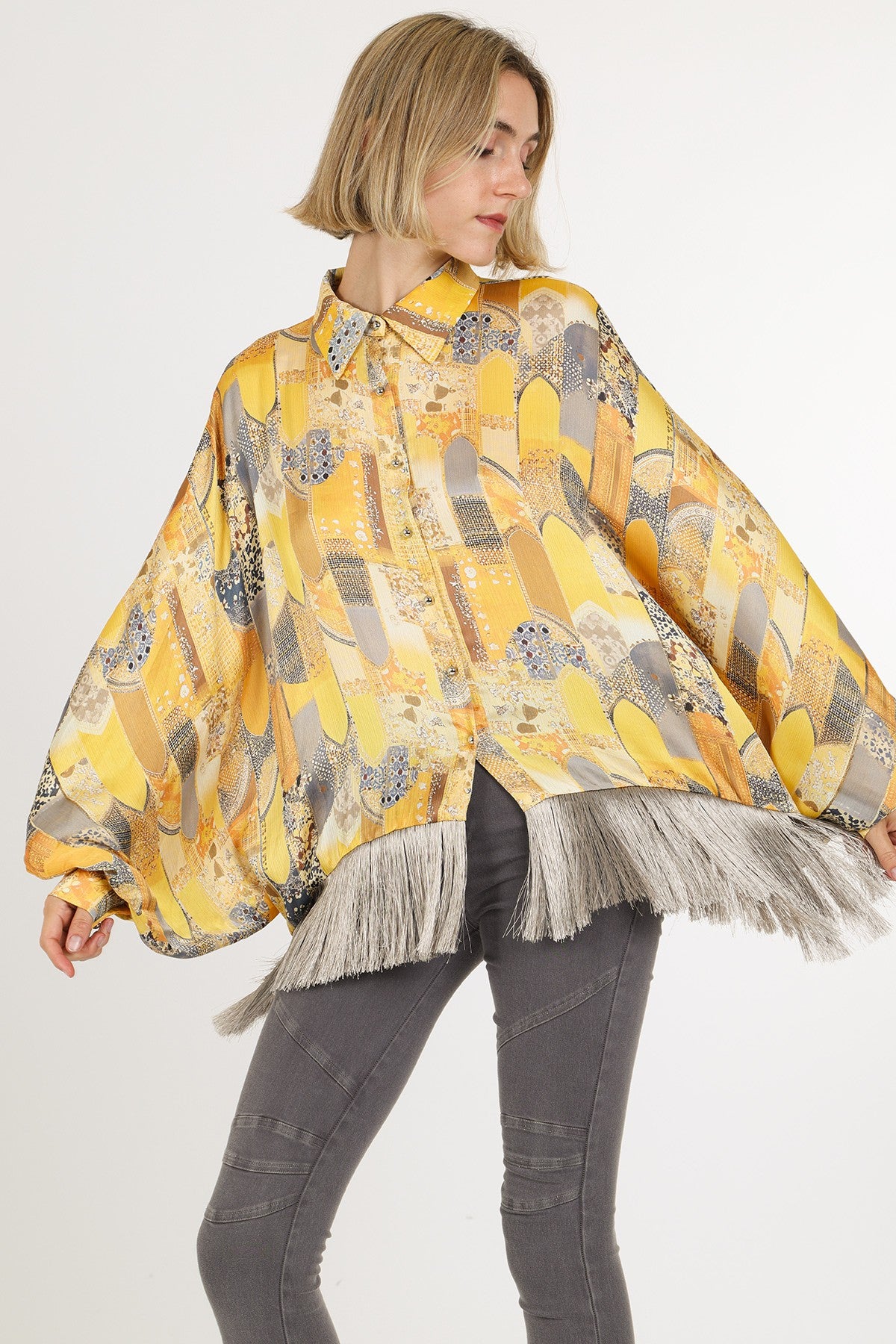 Fringe Trim Satin Tunic Blouse