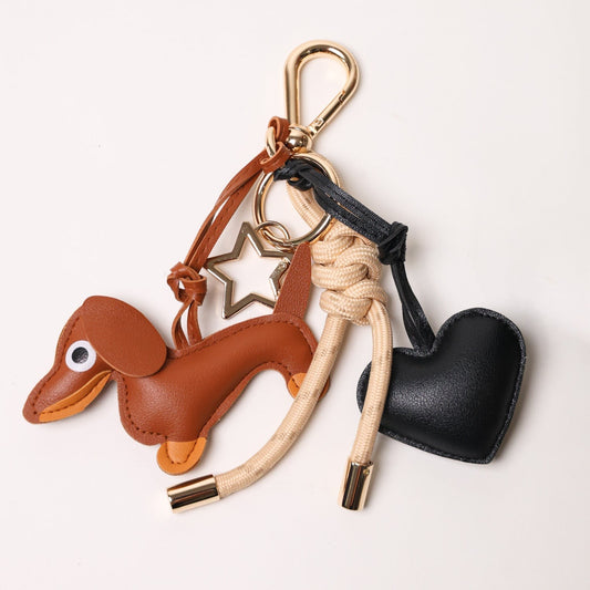 KEY CHAIN TAN WITH CHARMS | BLACK HEART AND BROWN DOG