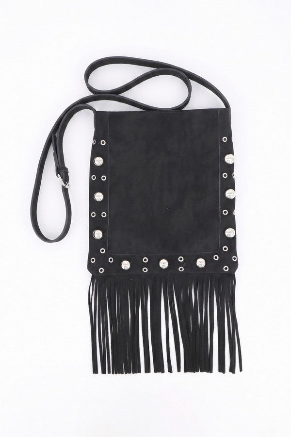 Vintage Brown Faux Suede Fringe Crossbody Bag | BLACK