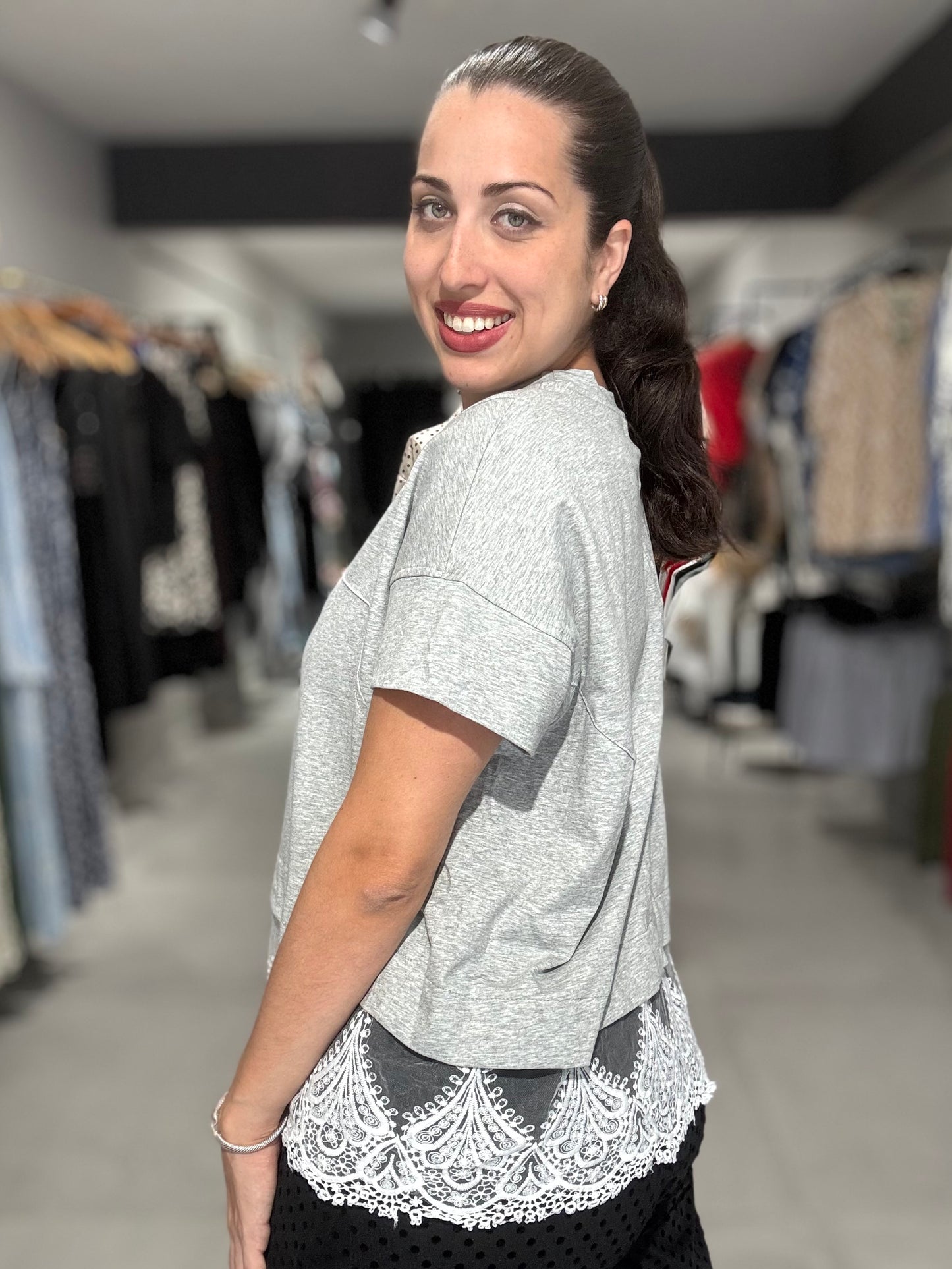 Lace Trim Tee Blouse | GREY