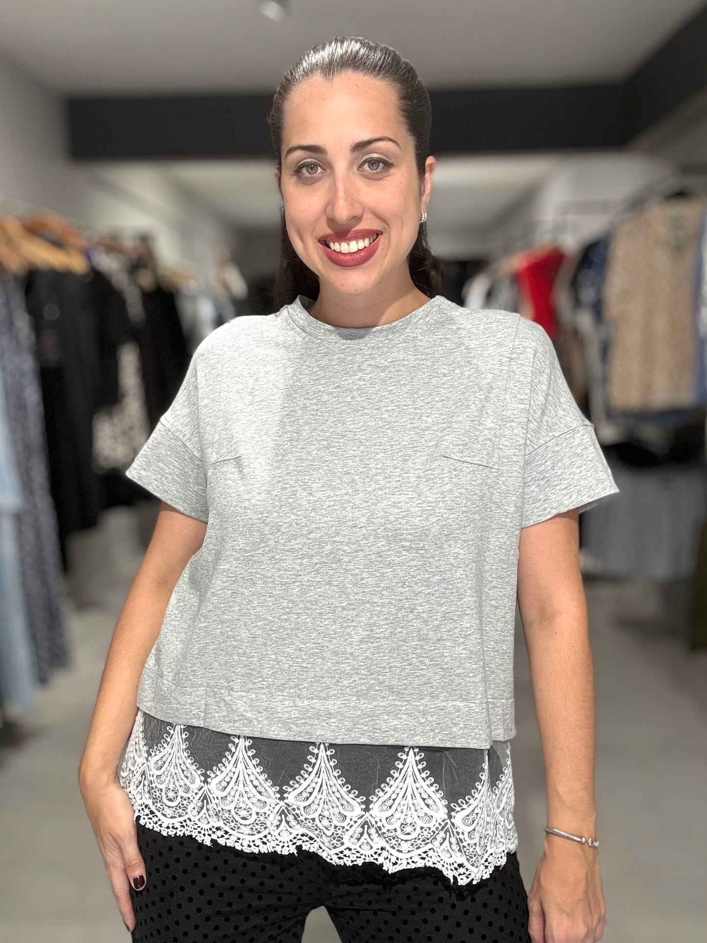 Lace Trim Tee Blouse | GREY