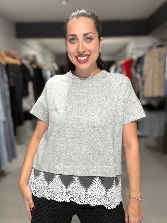 Lace Trim Tee Blouse | GREY