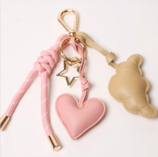 KEY CHAIN WITH CHARMS | PINK HEART AND BEIGE CROISSANT