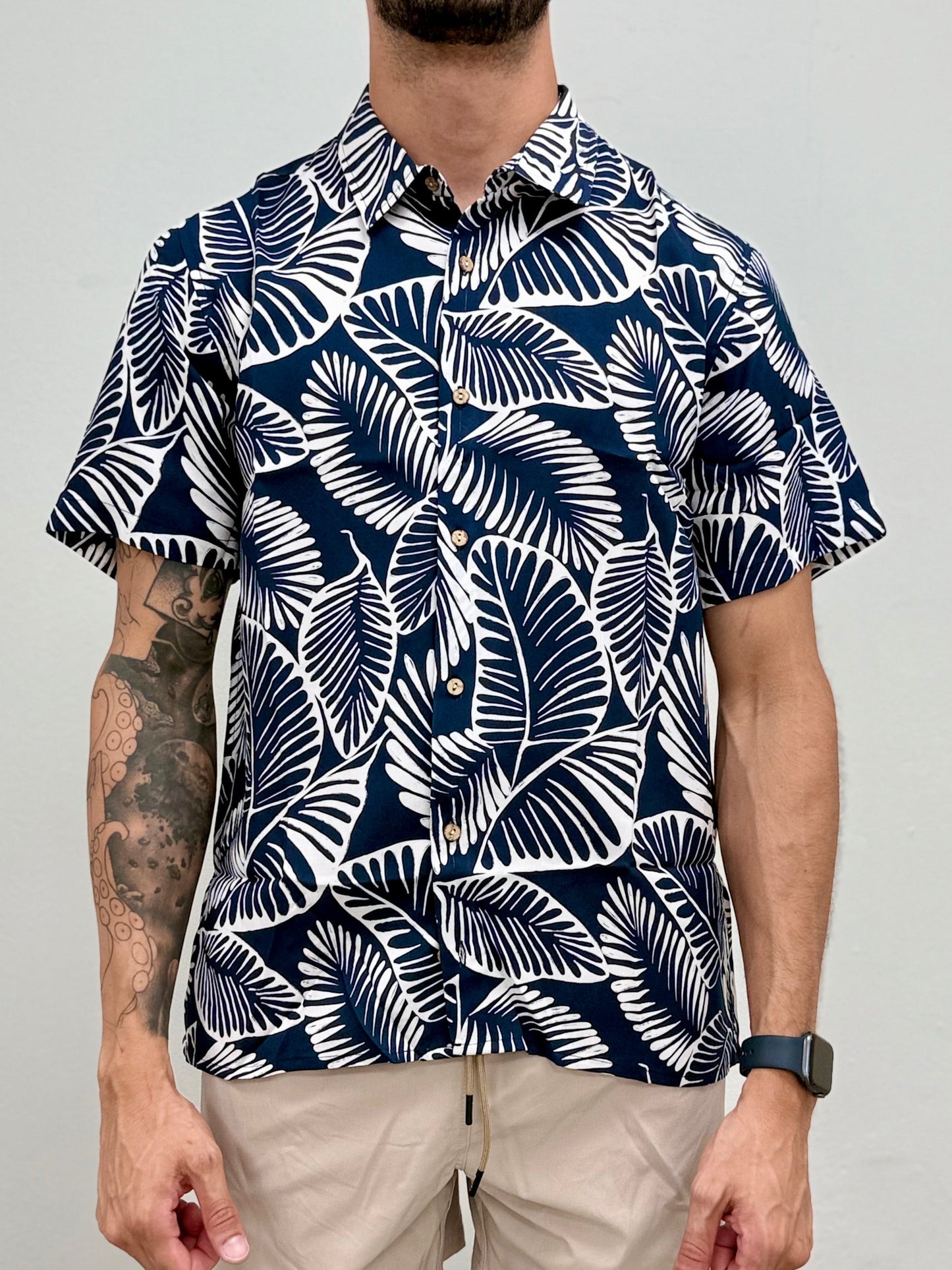 Navy Tropical Button Down Shirt