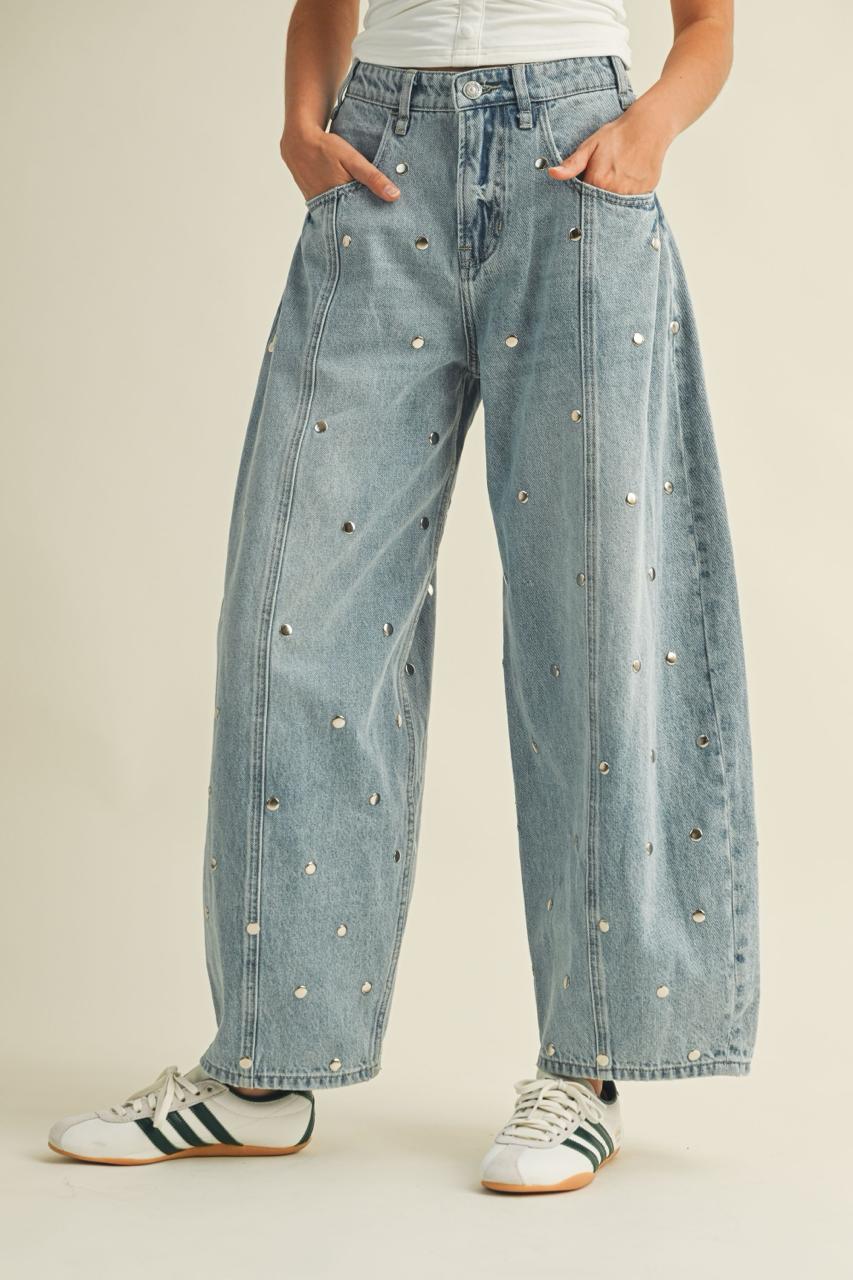 Studded Denim Barrel Jean