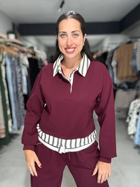 Aspen Stripes Trim Bouse | BURGUNDY