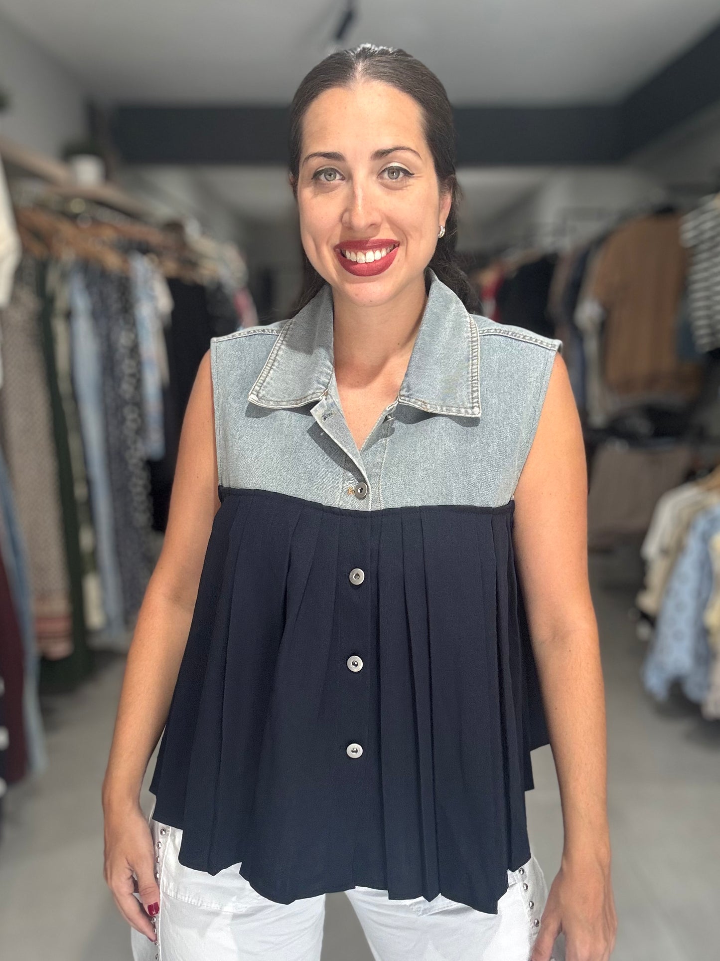 Denim Trim Blouse | NAVY