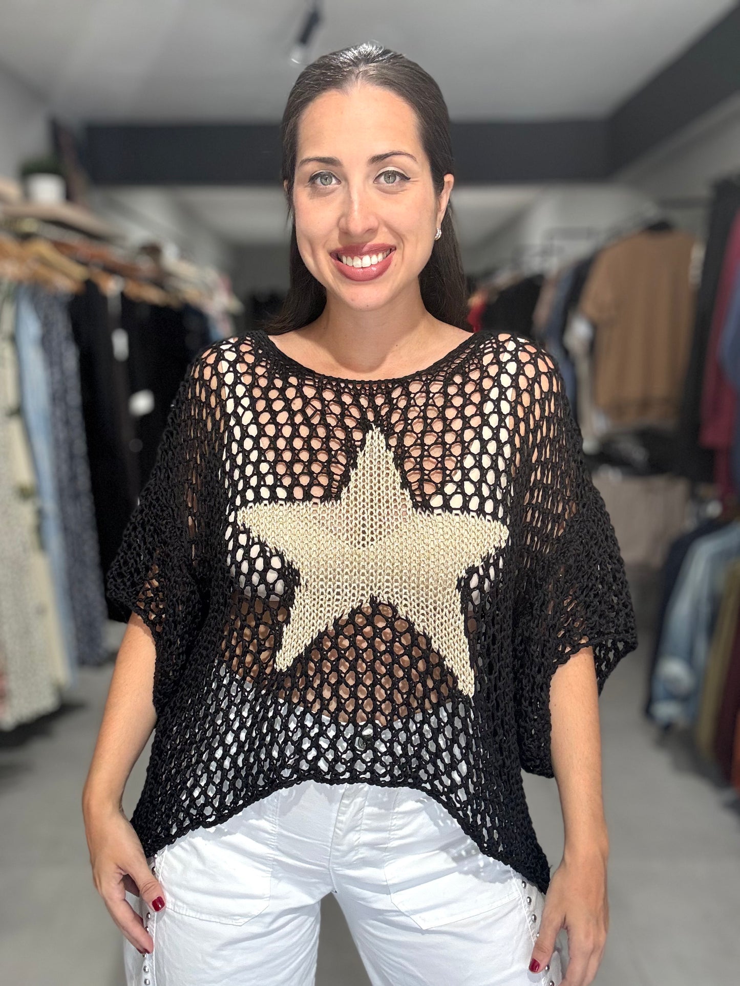 Star Crochet Tunic Blouse | BLACK
