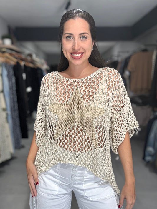 Star Crochet Tunic Blouse | BEIGE