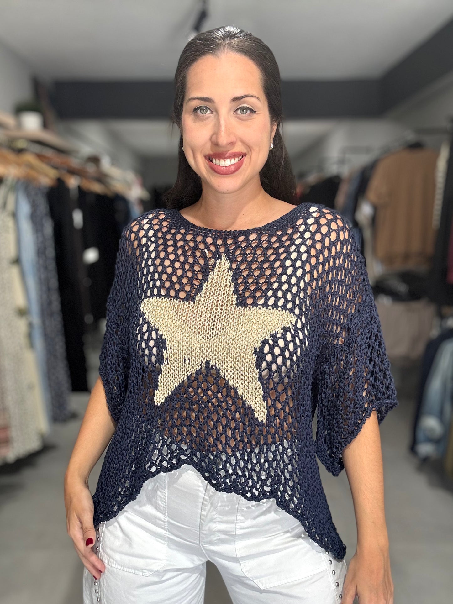 Star Crochet Tunic Blouse | NAVY