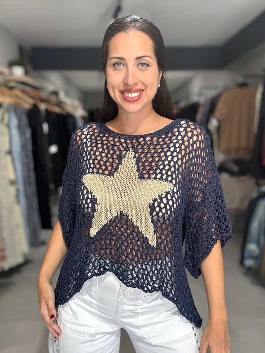 Star Crochet Tunic Blouse | NAVY