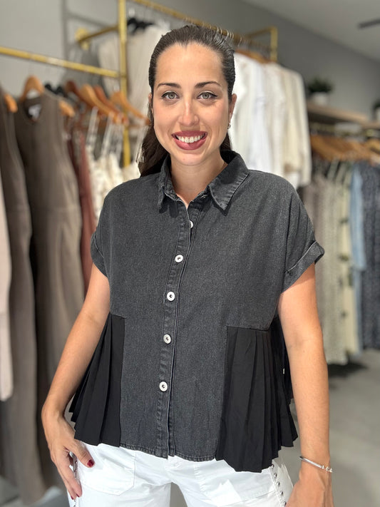 Midnight Pleated Denim Blouse
