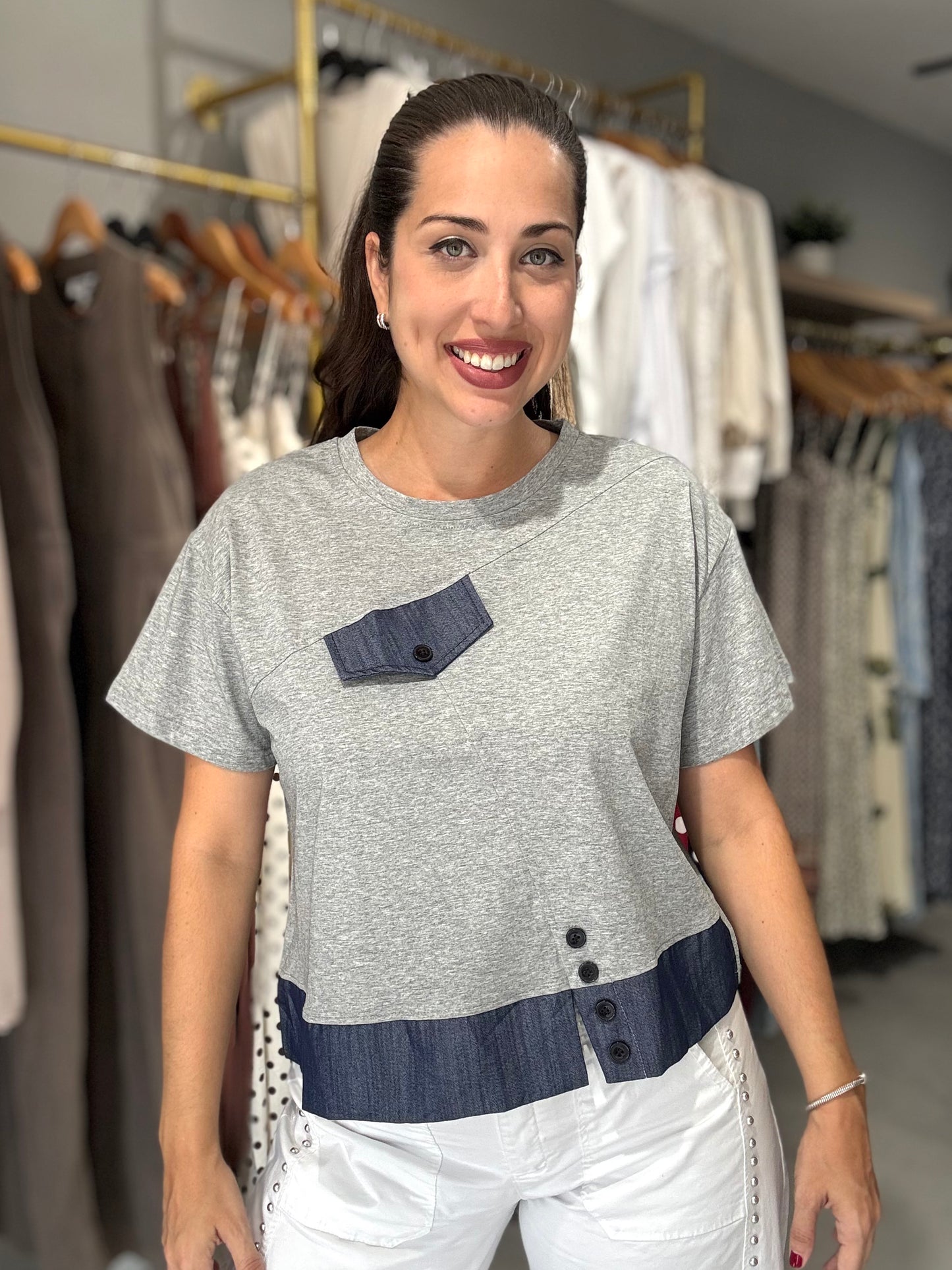 Denim Accent Tee Blouse | GREY